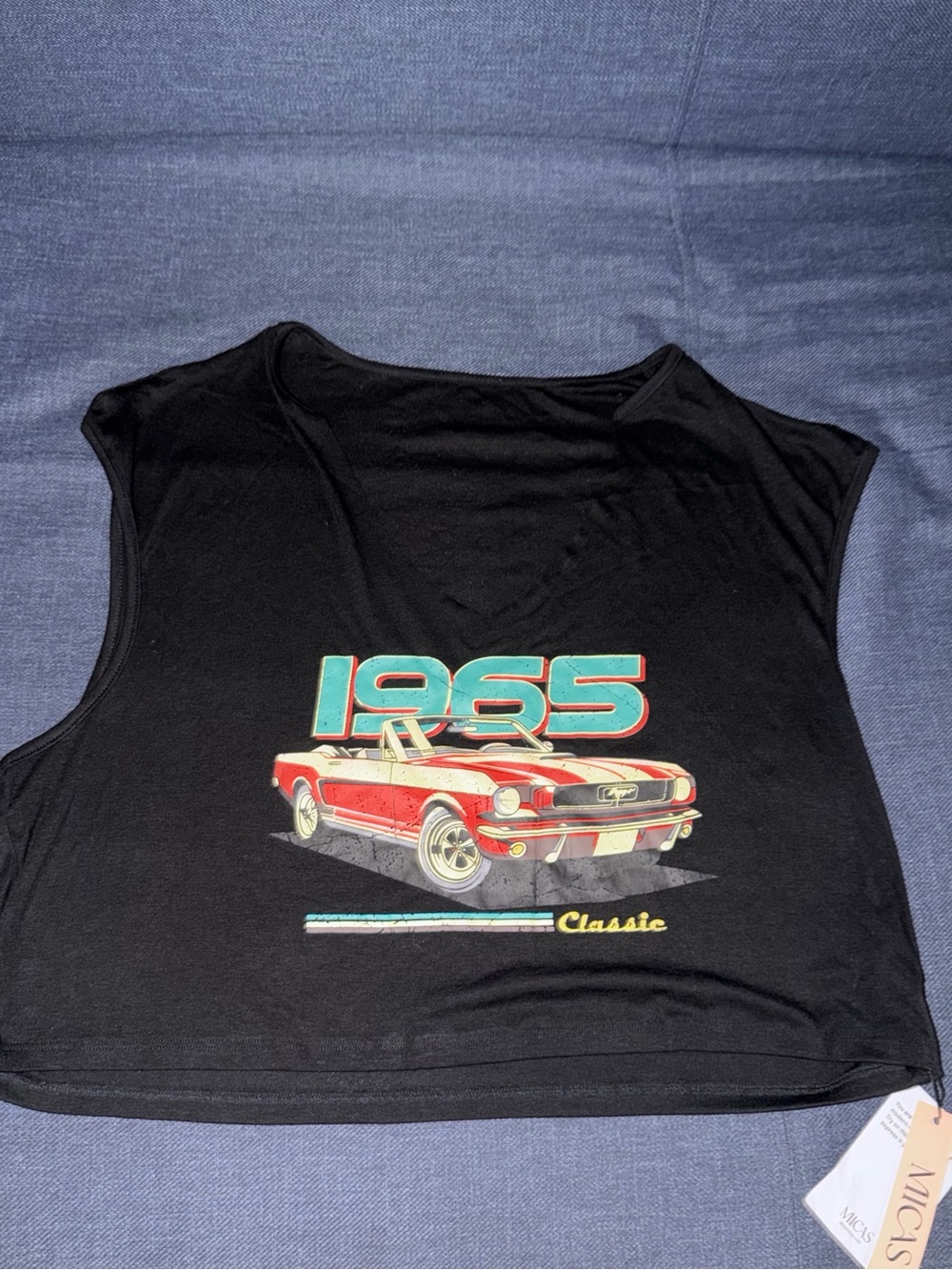 Black V Neck Crop Tank Top with 1965 Classic Car Graphic